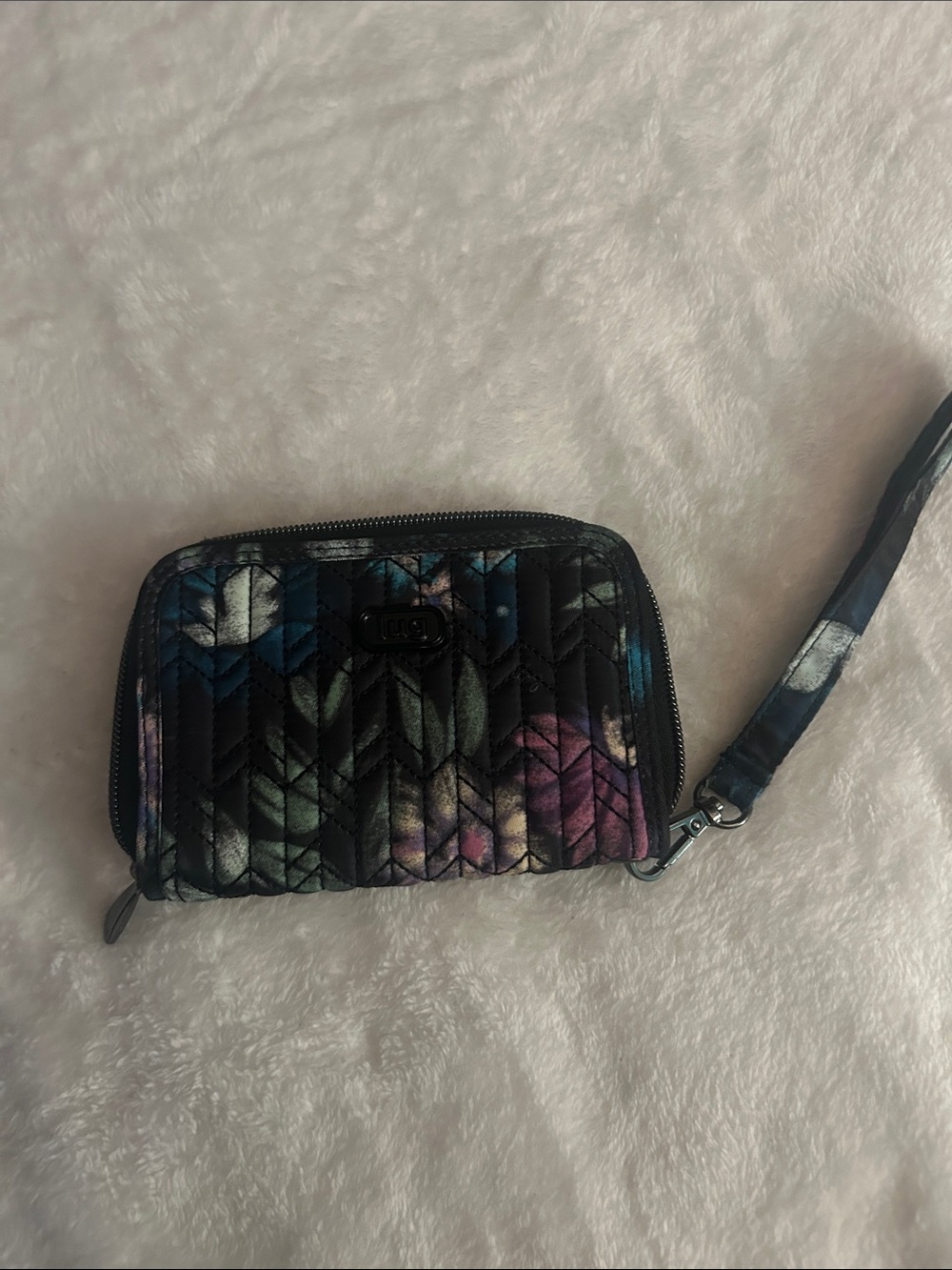 lug Quilted Floral Wristlet in Black with Multicolor Floral Accents